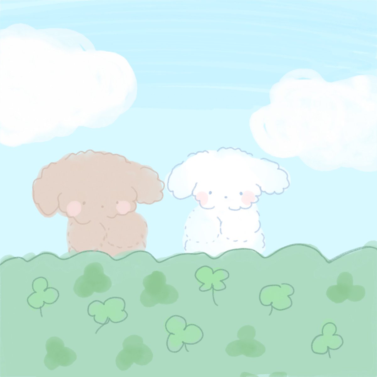 四つ葉、2人で探し中…🍀
見つかるかな？

#ゆるいイラスト　#illustration
#マシュマロわんこ