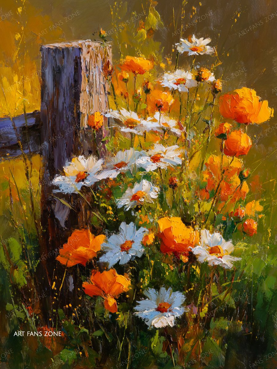 artfanszone's tweet photo. White daisies and blazing orange blossoms lean gently against the weathered wooden post, their petals alive with the last warm light of day, filling the heart with a quiet, radiant peace that feels like coming home to summer. 🌼🌻 https://t.co/r3BQzajX3X