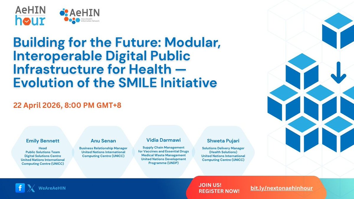 unicc_ict's tweet photo. Missed the live session? 🎥

UNICC joined @UNDP during the latest @WeAreAeHIN Hour to discuss the evolution of the SMILE initiative and how interoperable digital public infrastructure can support stronger health systems.

▶️ Watch the recording here: https://t.co/V2XxIL5VZD https://t.co/G0X6oDoQFm