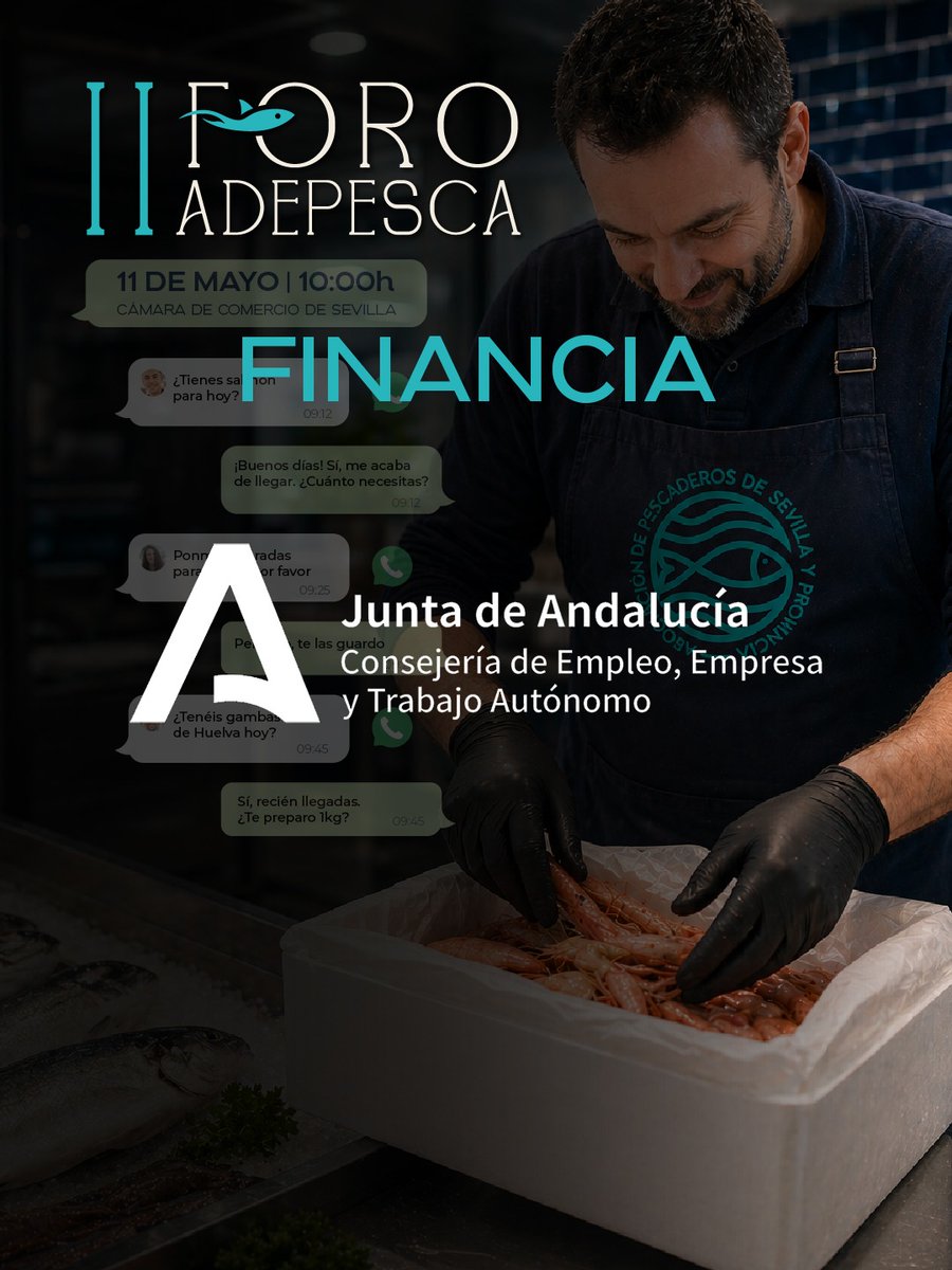 AdepescaSevilla's tweet photo. El #IIForoAdepesca cuenta con el apoyo de entidades comprometidas con la formación, la digitalización y el crecimiento del comercio local.

Gracias a @EmpleoJunta por financiar esta iniciativa y a @camaradesevilla por colaborar en esta jornada dirigida al sector pesquero. https://t.co/8HnBKniaUS