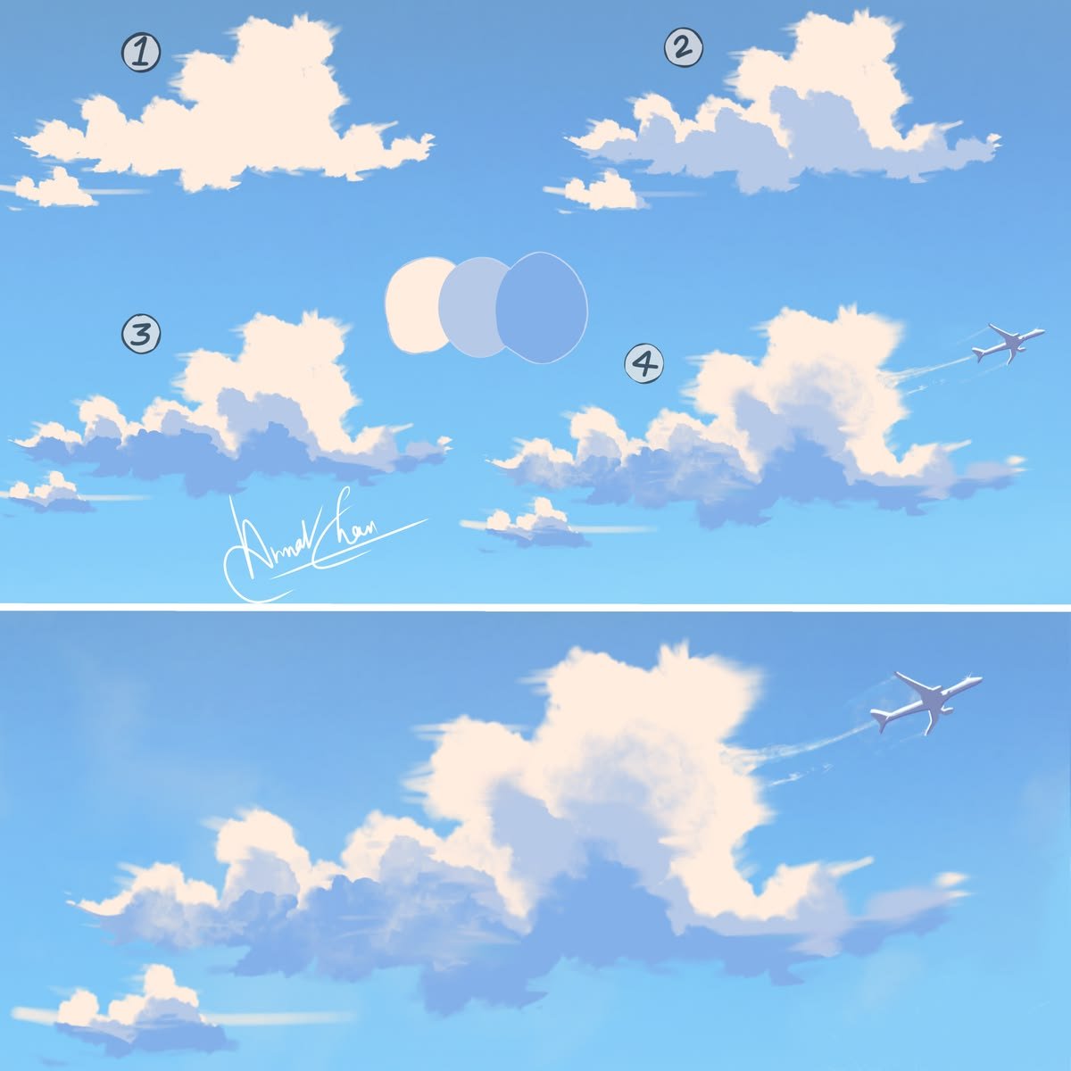 Simple cloud painting tutorial from rough shapes to a soft final render