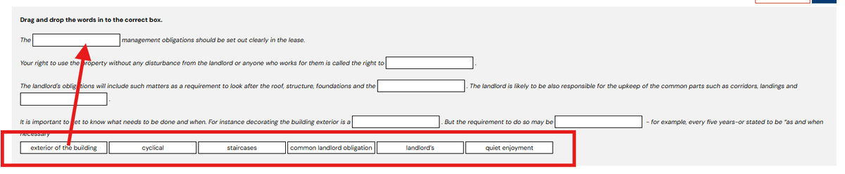 LEASEonline's tweet photo. @THKONP Hi @THKONP These questions work by dragging one of the word boxes at the bottom and placing it in one of the blank spaces. You need to drag all the word boxes so there are no blank boxes left in the text. Please see the image below for an example: https://t.co/uAlMstFdd6