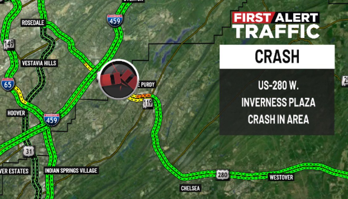 WBRCtraffic's tweet photo. First Alert:
There is a crash on US-280 W. at Inverness Plaza. @WBRCnews #wbrctraffic https://t.co/ETnqS2rrlO