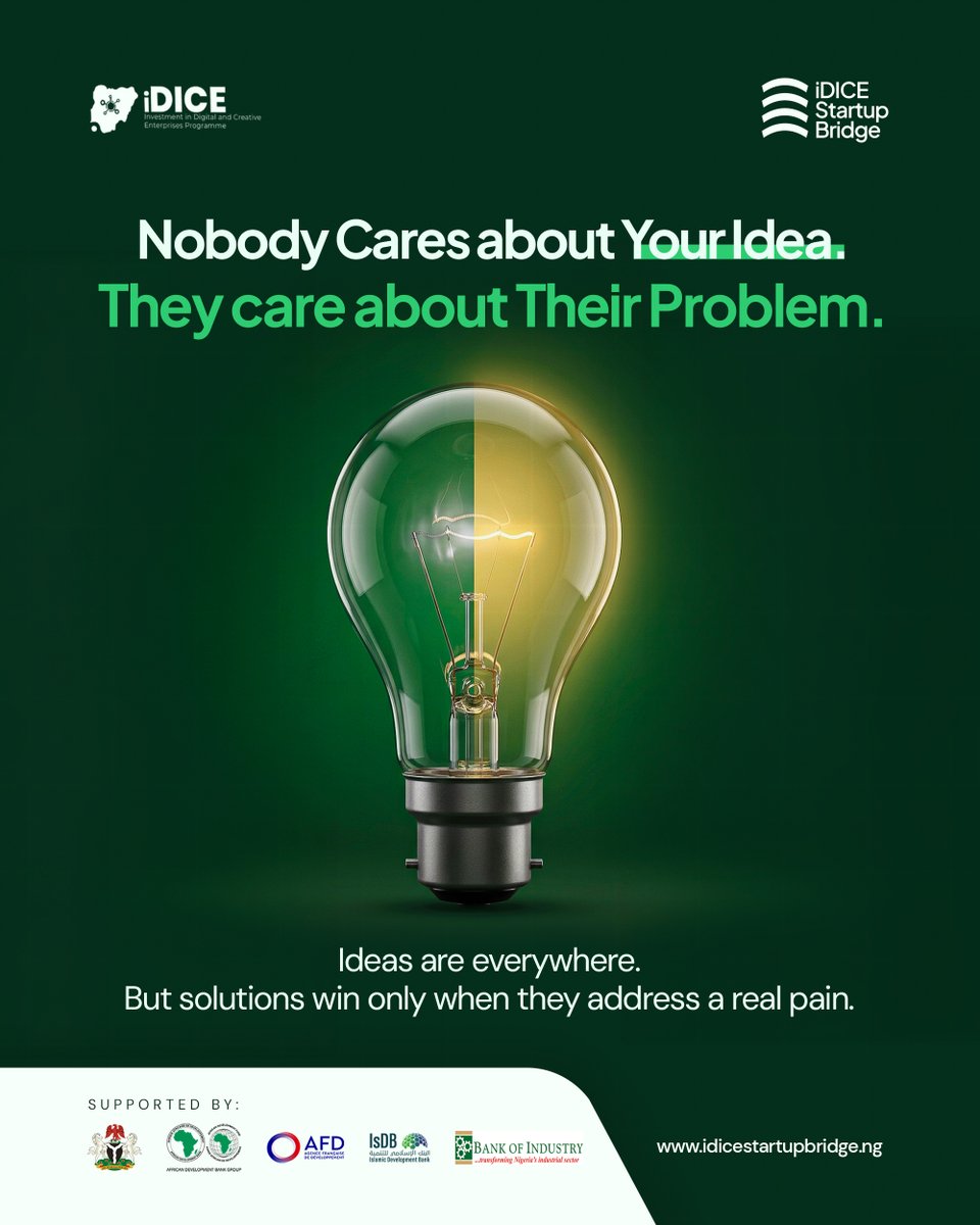 iDICEStartup's tweet photo. Many builders fall in love with ideas.

But users don’t adopt ideas, they adopt solutions to their problems.

Ask yourself:

What breaks if my product doesn’t exist?
Who is actively looking for this solution?
Is this a “nice to have” or a “must have”?

#iDICEStartupBridge #FoundersLab #BuildInNigeria #StartupJourney