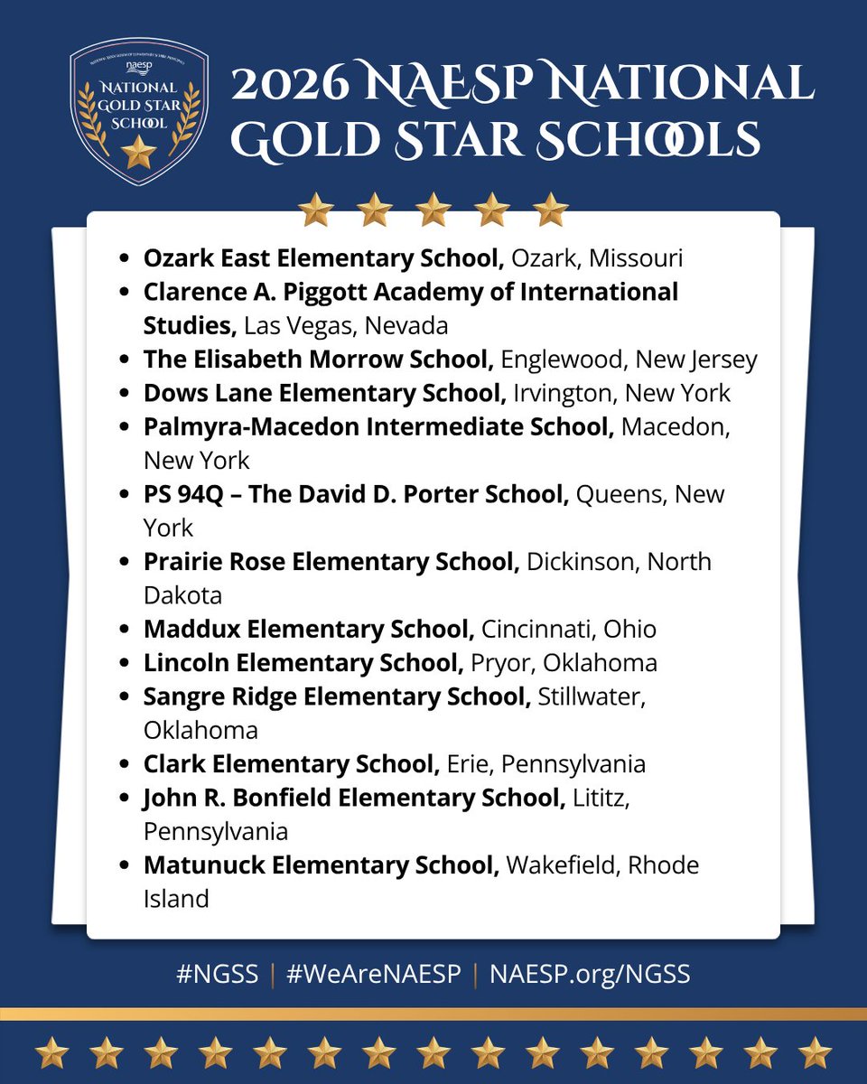 NAESP's tweet photo. NAESP is excited to announce the 2026 National Gold Star Schools—57 elementary and middle-level schools that excel in building culture, empowering people, and optimizing systems. Learn about the winners at https://t.co/h3CRUx924y. #NGSS #WeAreNAESP https://t.co/eLvHk2dpwc