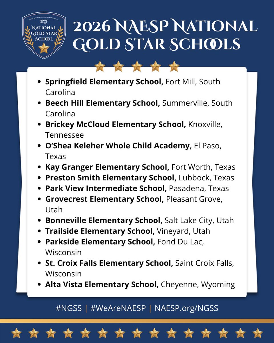 NAESP's tweet photo. NAESP is excited to announce the 2026 National Gold Star Schools—57 elementary and middle-level schools that excel in building culture, empowering people, and optimizing systems. Learn about the winners at https://t.co/h3CRUx924y. #NGSS #WeAreNAESP https://t.co/eLvHk2dpwc