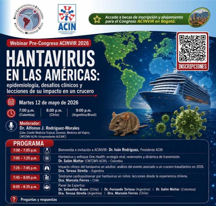 aleimc_'s tweet photo. Webinar "HANTAVIRUS EN LAS AMÉRICAS: epidemiología, desafíos clínicos y lecciones de su impacto en un crucero":

📅12 mayo
🕖 7:00 p.m. Colombia
🕗 8:00 p.m. Chile
🕘 9:00 p.m. Argentina/Brasil
🕘 2:00 a.m. España (📅 13 mayo)

Canal YouTube 👇
https://t.co/ZcRaP3MHHr https://t.co/269w4qy1FP