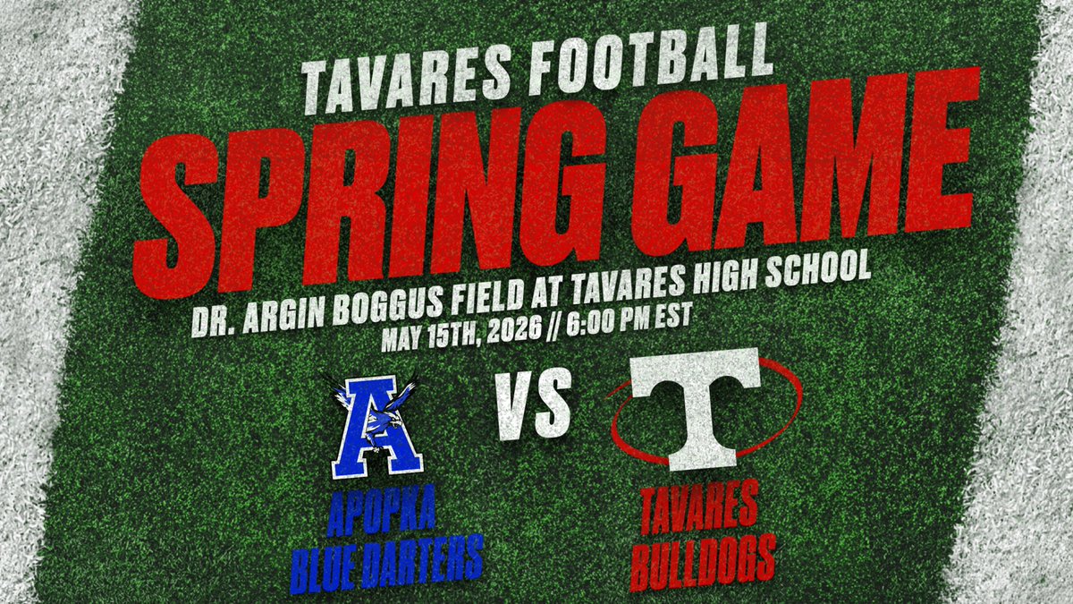 FootballTavares's tweet photo. ‼️ONE WEEK AWAY‼️

The Bulldogs are back in action next week for our 2026 Spring Game as we take on Apopka under the lights at Dr. Argin Boggus Field!

📍 Tavares High School
📅 May 15
⏰ 6 PM

Come see what the Dawgs are all about! 

🔴⚪️ #TavaresMade #TavaresFootball https://t.co/E0QjylGAlU