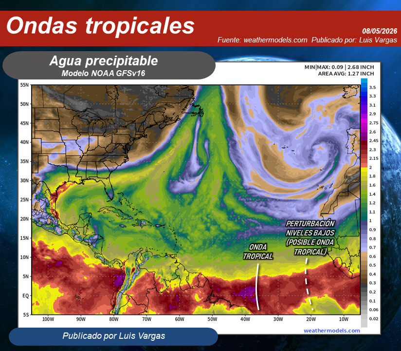 Meteovargas's tweet photo. #8May La segunda onda tropical de la temporada se encuentra en el Atlántico central tropical y llegará a Venezuela entre lunes y martes. Viene seguida de una perturbación similar al sur de Cabo Verde (pudiera ser la tercera onda tropical de la temporada) que estará por el este de nuestro país el día miércoles. Entre ambas propiciarán lluvias en buena parte del territorio nacional la próxima semana, sobre todo los días martes, miércoles y jueves.