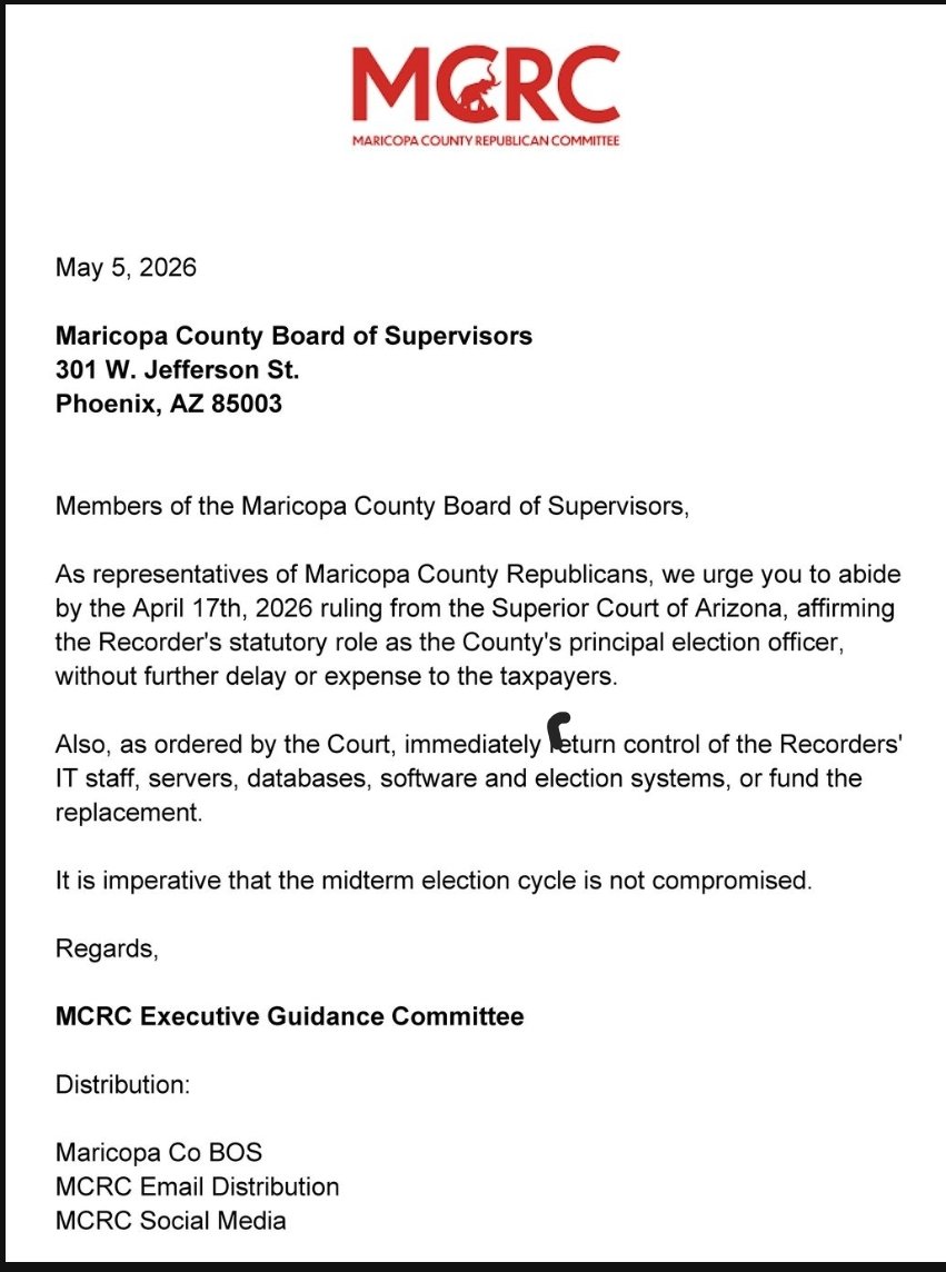 ‼️ Maricopa County GOP  to the Board of Supervisors : 

RESTORE ELECTION DUTIES to the RECORDER ; abide by the AZ  Superior Court ruling, stop wasting time and money in this critical midterm election cycle
 <a href="/azjustinheap/">Maricopa County Recorder Justin Heap</a> <a href="/JakeHoffmanAZ/">Jake Hoffman</a> <a href="/MerissaCaldwell/">Merissa Caldwell 🗳 ⛽ 🗽🔥</a> <a href="/AzPinkLady/">AzPinkLady #SaveArizona #SaveAmerica</a>