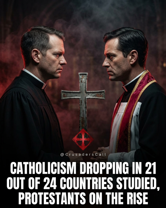 CrusadersCallX's tweet photo. Catholics losing members in 21 out of 24 countries Pew Research surveyed.  

In Italy, 22% of those raised Catholic no longer identify as such. In Chile, 19%. 

Brazil is bleeding members into Pentecostal and evangelical churches. Sweden, Germany, and the UK are losing Christians of every stripe to no religion at all. 

Pentecostal Christianity is exploding in Brazil, Nigeria, Ghana, and the Philippines. 

Poland still stands at 92 percent Catholic. Hungary is one of the rare Catholic gainers.