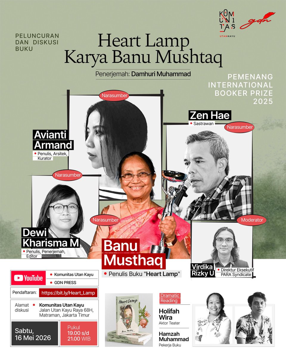 gdnpress's tweet photo. Mari ikuti peluncuran dan diskusi buku Heart Lamp edisi Bahasa Indonesia (GDN Press) di Komunitas Utan Kayu pada Sabtu, 16 Mei 2026, pukul 19.00 s/d 21.00 WIB. 

Sila daftar melalui tautan berikut:
https://t.co/1B34c3HeyV https://t.co/xBs2yZgKDt