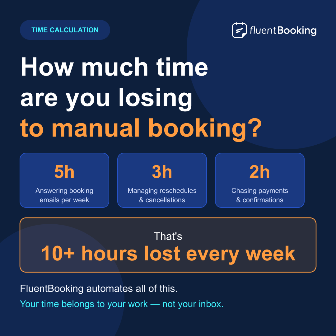 FluentBooking's tweet photo. 10+ hours lost every week… just managing bookings.

It adds up faster than most businesses realize.

Your time should go into your work, not your inbox.

#onlinebookingsystem #appointmentscheduling #WordPressWebsite https://t.co/yhWwM11KJT