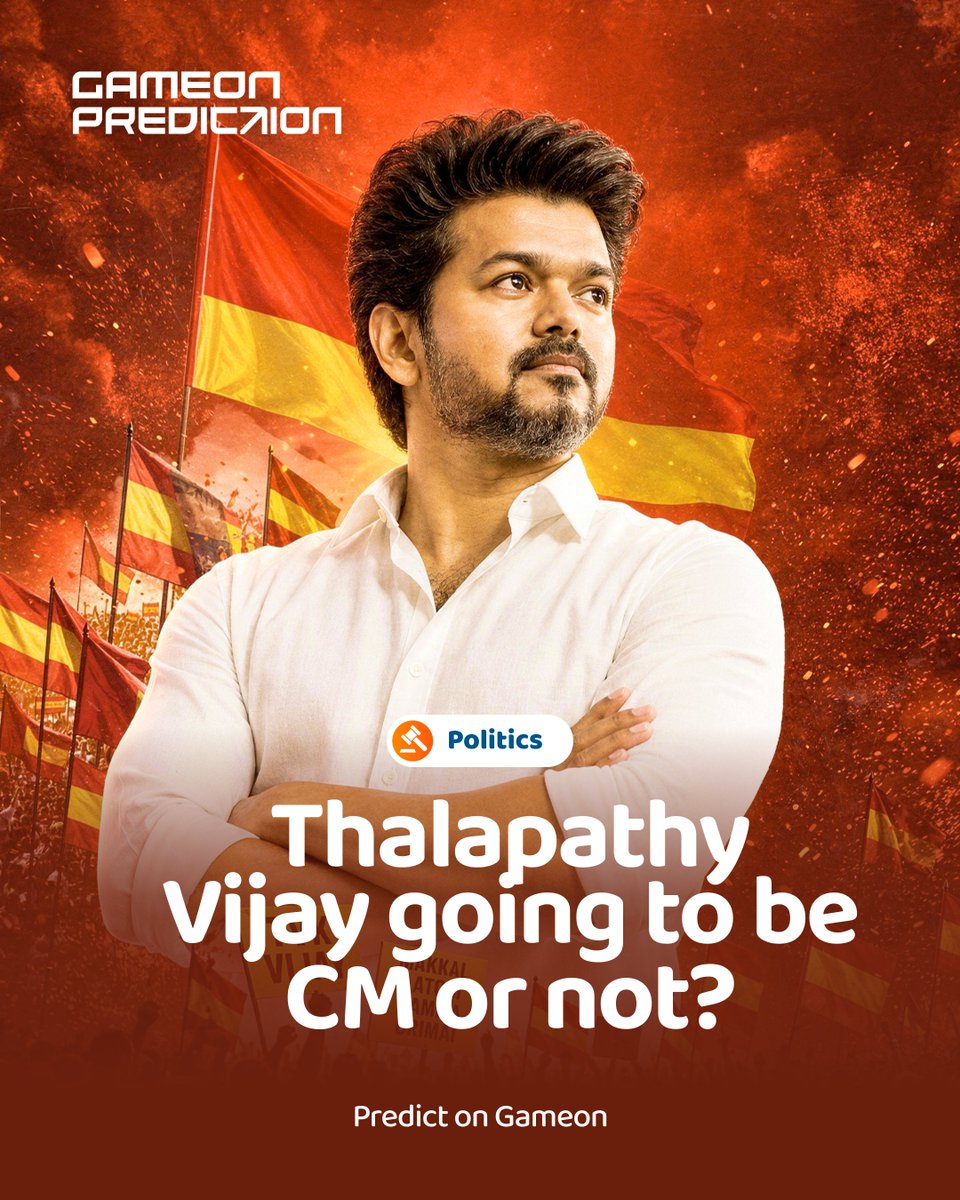 Gameonworldai's tweet photo. Will Vijay (TVK) become Chief Minister of Tamil Nadu after the 2026 assembly elections? 

Predict and win - https://t.co/JyR9FXO6hu

#vijay #CMNOW #tamilnadulegislativeassemblyelection2026 https://t.co/Q8dIKwsx3v