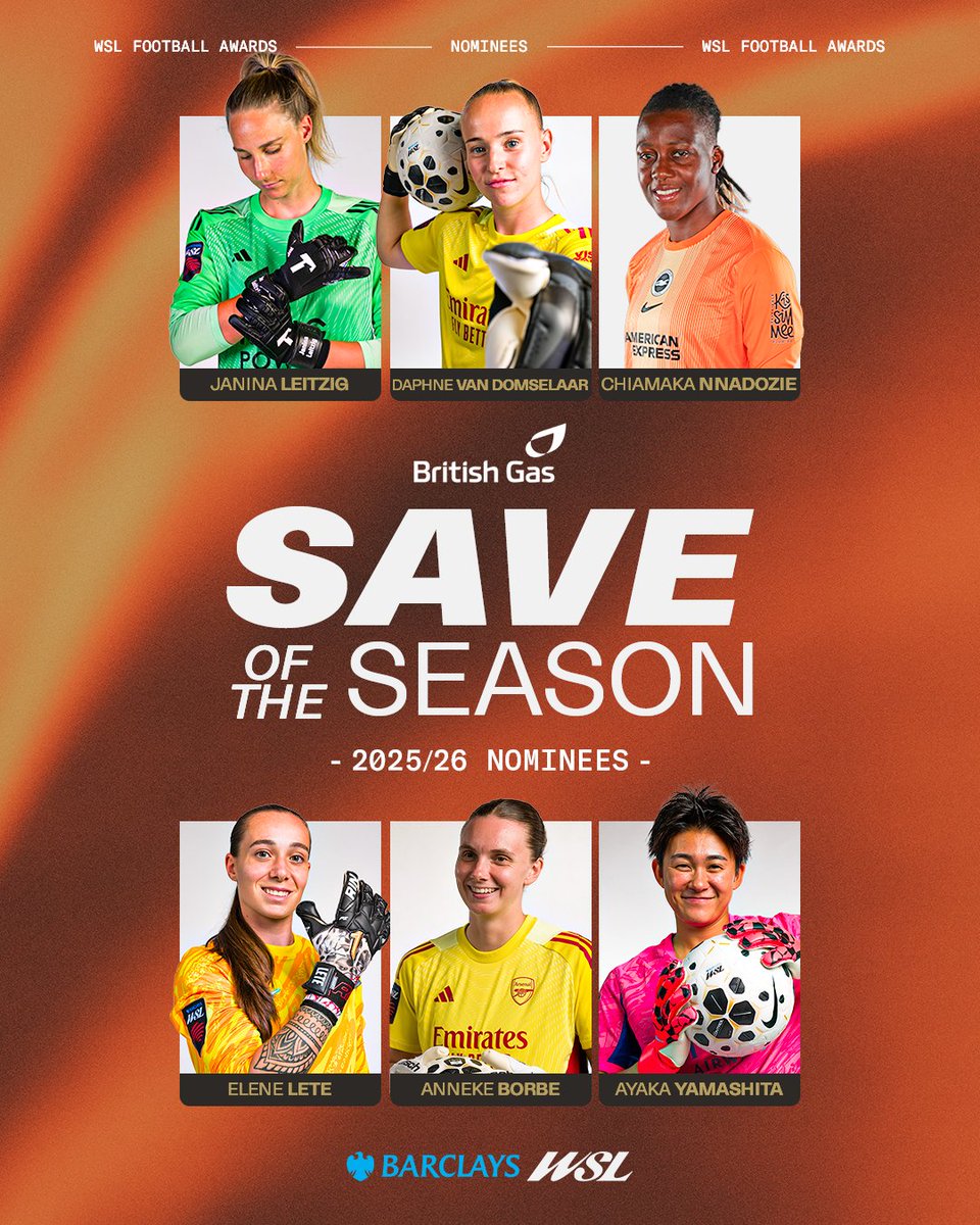 BarclaysWSL's tweet photo. Super shot stoppers 🧤   

Janina Leitzig
Daphne Van Domselaar
Chiamaka Nnadozie
Elene Lete
Anneke Borbe
Ayaka Yamashita

Vote for your @BritishGas #BarclaysWSL Save of the season 👇
https://t.co/GDNoyPGCxH https://t.co/KajKc78Rma