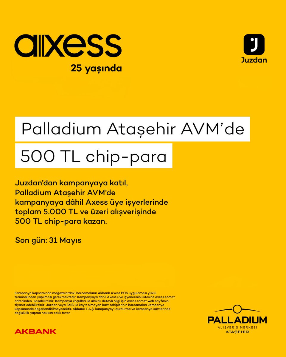 palladiumall's tweet photo. Axess’e özel 1 – 31 Mayıs 2026 tarihleri arasında Palladium Ataşehir AVM’de kampanyaya dahil Axess üye işyerlerinden yapacağınız toplam 5.000 TL alışverişinize 500 TL chip-para hediye! https://t.co/cPY5KxM0j2