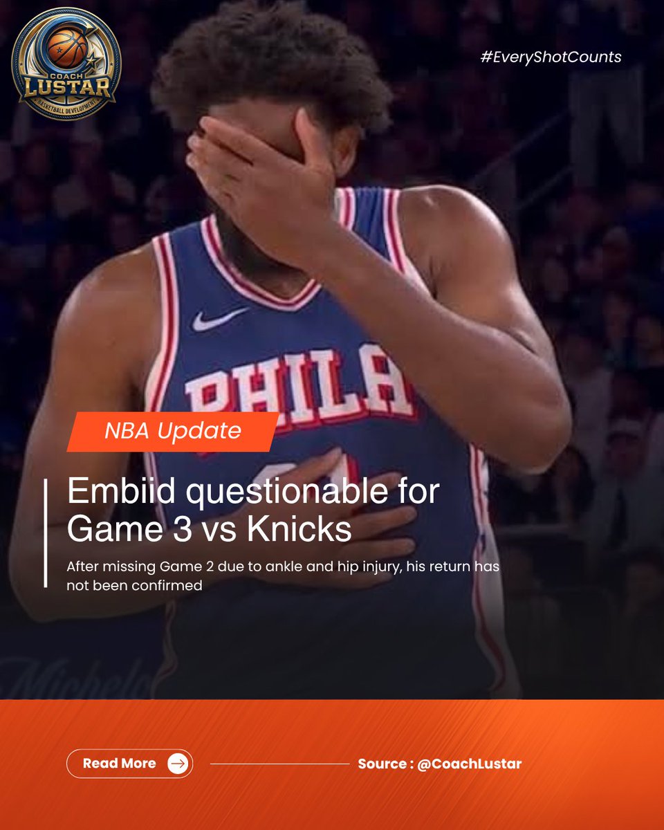 CoachLustar's tweet photo. Embiid (ankle/hip) missed Game 2 and is questionable for Game 3. His status will swing the spread several points. If he’s out or plays limited minutes, lean Knicks spread and will bump Brunson/Knicks team total. https://t.co/Q6CEJYO8Kx