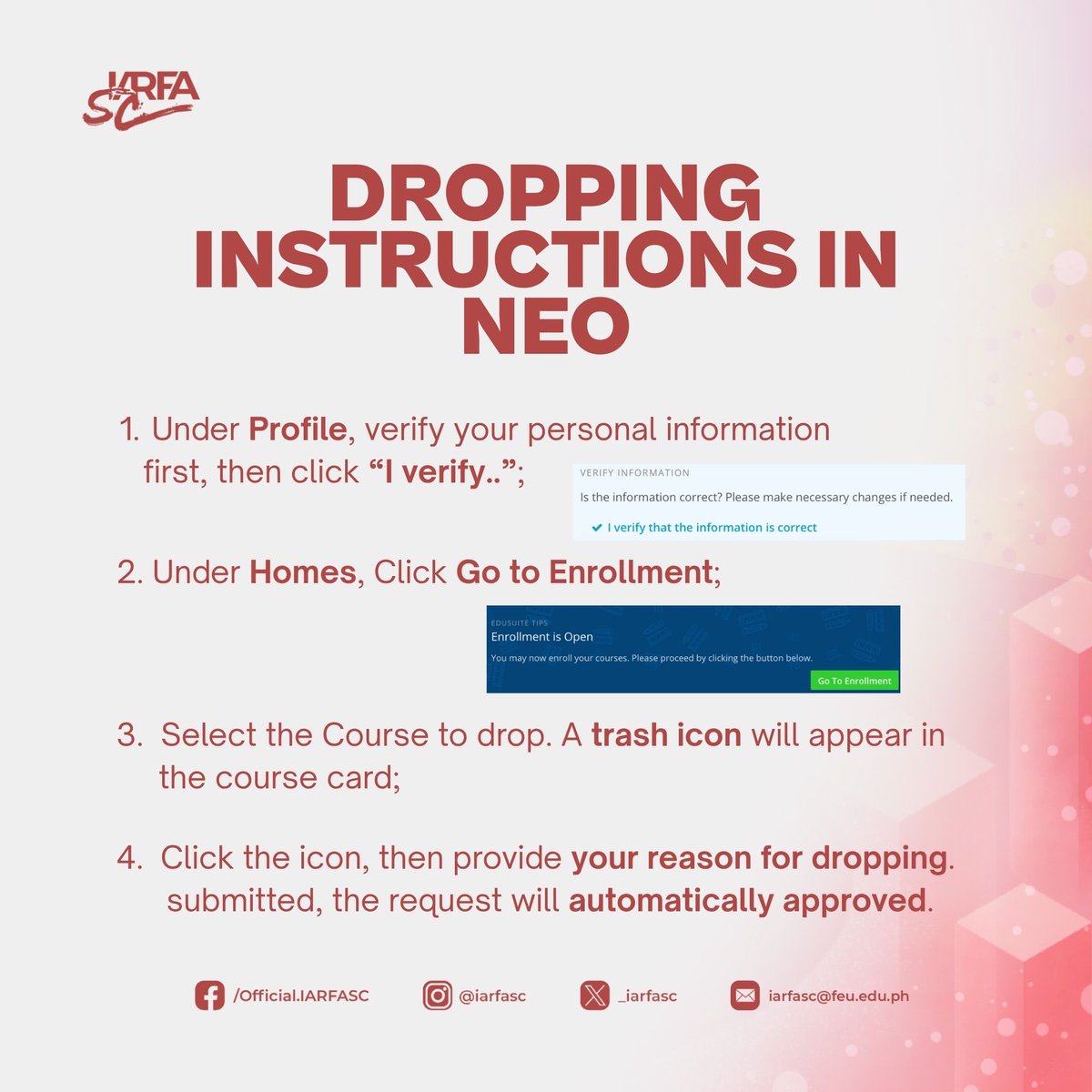 _iarfaSC's tweet photo. 𝐈𝐀𝐑𝐅𝐀 𝐀𝐃𝐕𝐈𝐒𝐎𝐑𝐘 | Please be informed that the course dropping period in NEO has been officially extended until Sunday, May 10, 2026, at 11:59 PM. 

1/3 https://t.co/OYk56ssADW