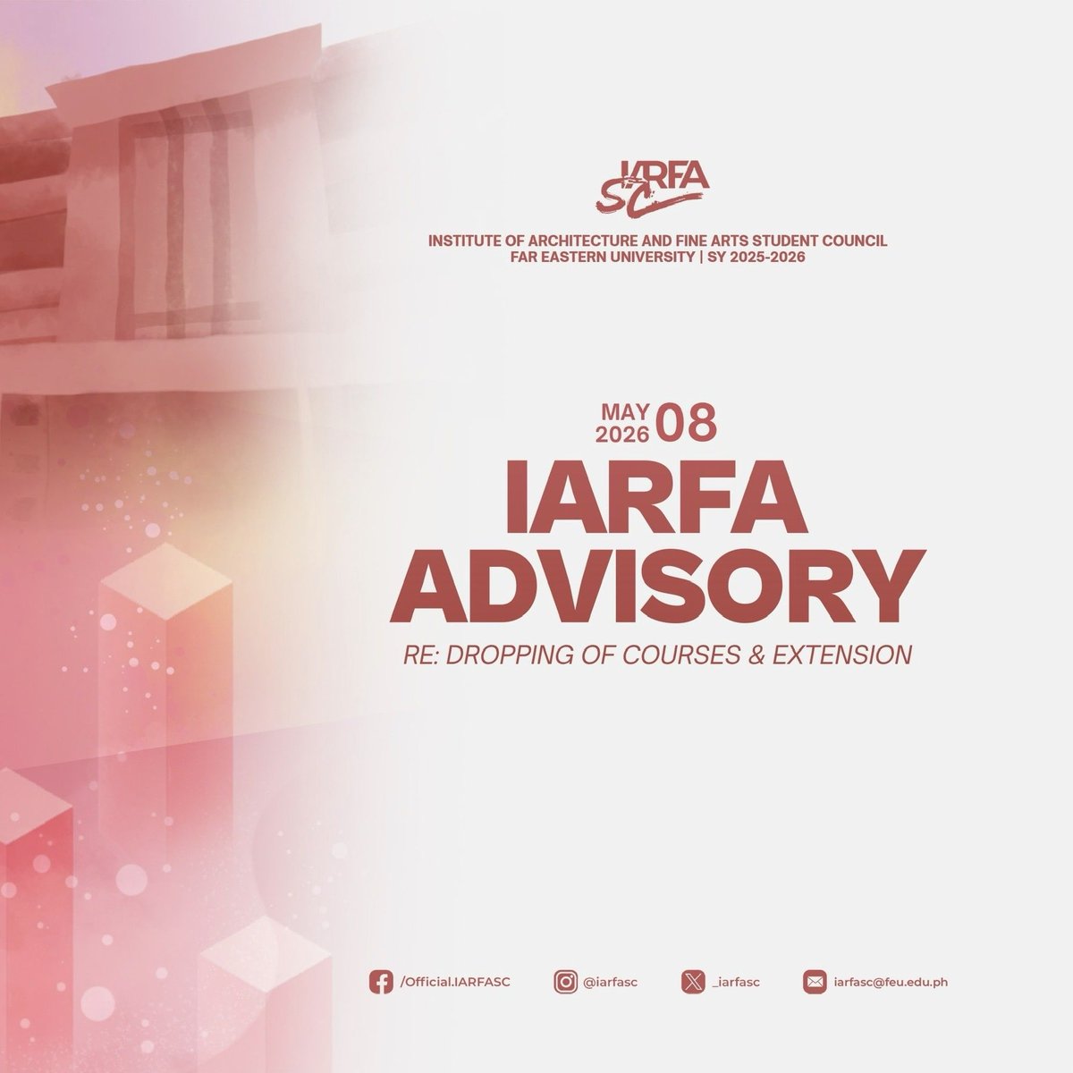 _iarfaSC's tweet photo. 𝐈𝐀𝐑𝐅𝐀 𝐀𝐃𝐕𝐈𝐒𝐎𝐑𝐘 | Please be informed that the course dropping period in NEO has been officially extended until Sunday, May 10, 2026, at 11:59 PM. 

1/3 https://t.co/OYk56ssADW