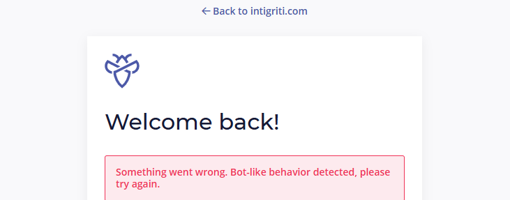 vincebye's tweet photo. Hi @intigriti, I’m unable to log in to my account.
The login page shows: “Something went wrong. Bot-like behavior detected, please try again.”
No CAPTCHA or verification challenge is shown.
Could someone from support please help me check this? https://t.co/LpjUujE2sC