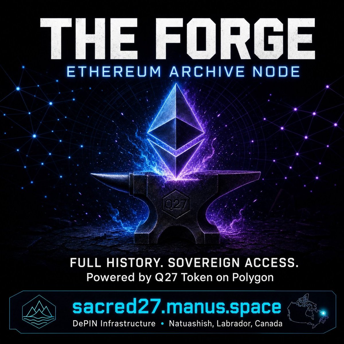 LukeRich3's tweet photo. We're running a full Ethereum archive node from remote Labrador, Canada.

Every transaction. Every state change. Since block 0.

Burn Q27 on Polygon → Get RPC access. No KYC. No rate limits. No Infura.

This is what sovereign infrastructure looks like.

https://t.co/YhBKn6tGNS

#DePIN #EthereumNode #Decentralize