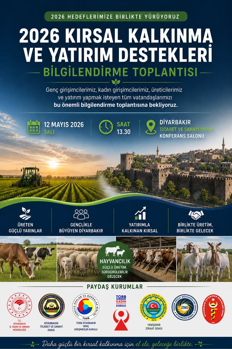 yenisehir212's tweet photo. Odamız, DTSO, İl Tarım ve Orman Müdürlüğü, TOBB Diyarbakır Genç Girişimciler Kurulu ve TOBB Kadın Girişimciler Kurulu iş birliğiyle düzenlenecek olan “2026 Kırsal Kalkınma ve Yatırım Destekleri Bilgilendirme Toplantısı”na tüm çiftçilerimizi davet ediyoruz. @kayadb @semsibayraktar https://t.co/dpZ4hDr7xg