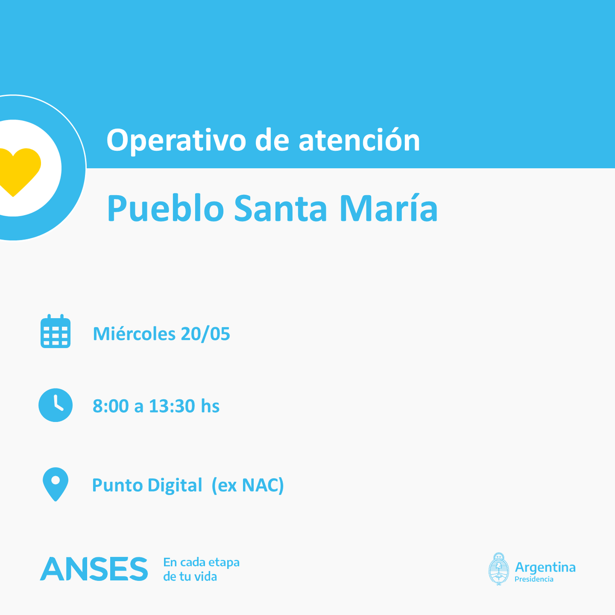 pd_santamaria's tweet photo. ¡Atención Vecinos!
ANSES atenderá el miércoles 20 de Mayo de 08.00 a 13.30 horas.
Dirección: Avenida 11 de Mayo 1263 - Pueblo Santa María.
Lugar: Punto Digital (ex NAC). https://t.co/loyagnGMHo