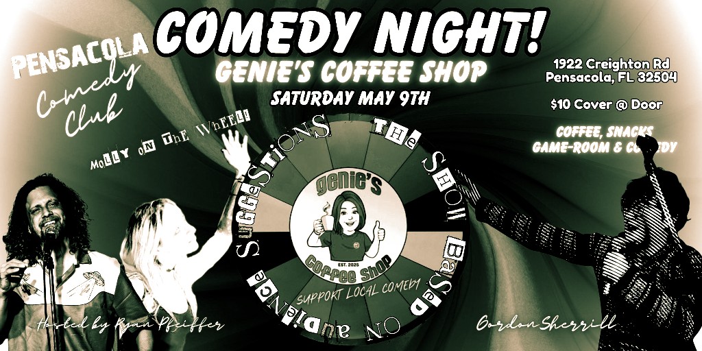 ratedrcomedy's tweet photo. We’re flipping Genie’s into a comedy club for ONE NIGHT ONLY 🔥
Saturday 5/9 | 7:30 PM
$10 cover – laughs guaranteed (almost legally binding)
🎟️ https://t.co/MTc8pByerM
#Pensacola #ComedyClub #LiveEntertainment #WeekendPlans https://t.co/RhEKCR4GX4