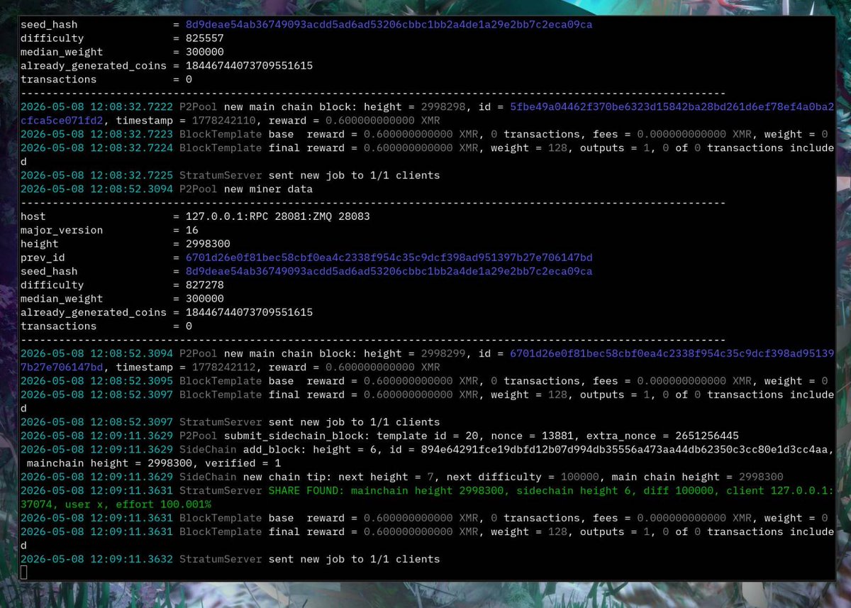 lunar_mining's tweet photo. Merge mining DarkFi on Monero p2pool (testnet). https://t.co/W1kVFUHlTL