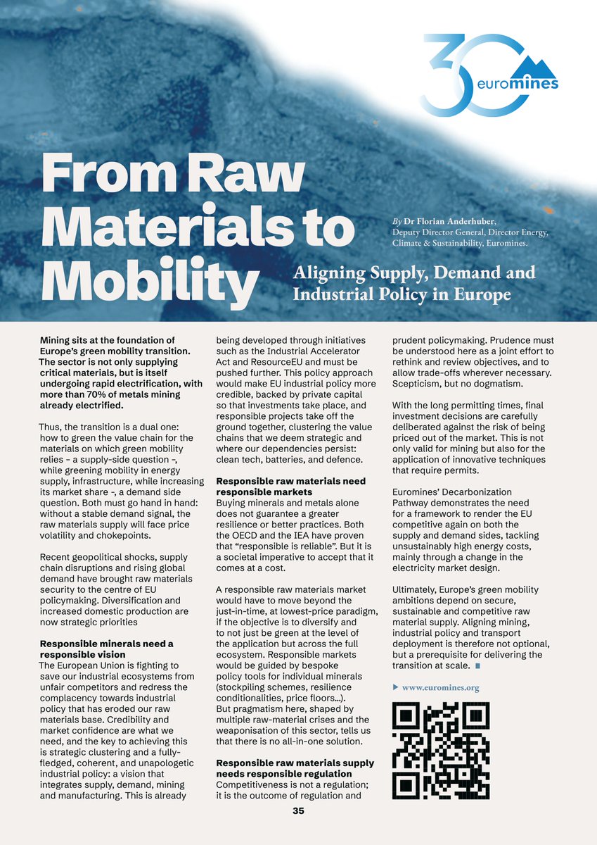 euromines's tweet photo. “Mining sits at the foundation of Europe’s green mobility transition.” - Dr. Florian Anderhuber, #Euromines

In Green Mobility Magazine, he talks about sustainable &amp; competitive raw material supply chains.

➡️Article: https://t.co/tGuU3nL9oL

➡️Magazine: https://t.co/XqIN79BWH7 https://t.co/s4plaXppiv
