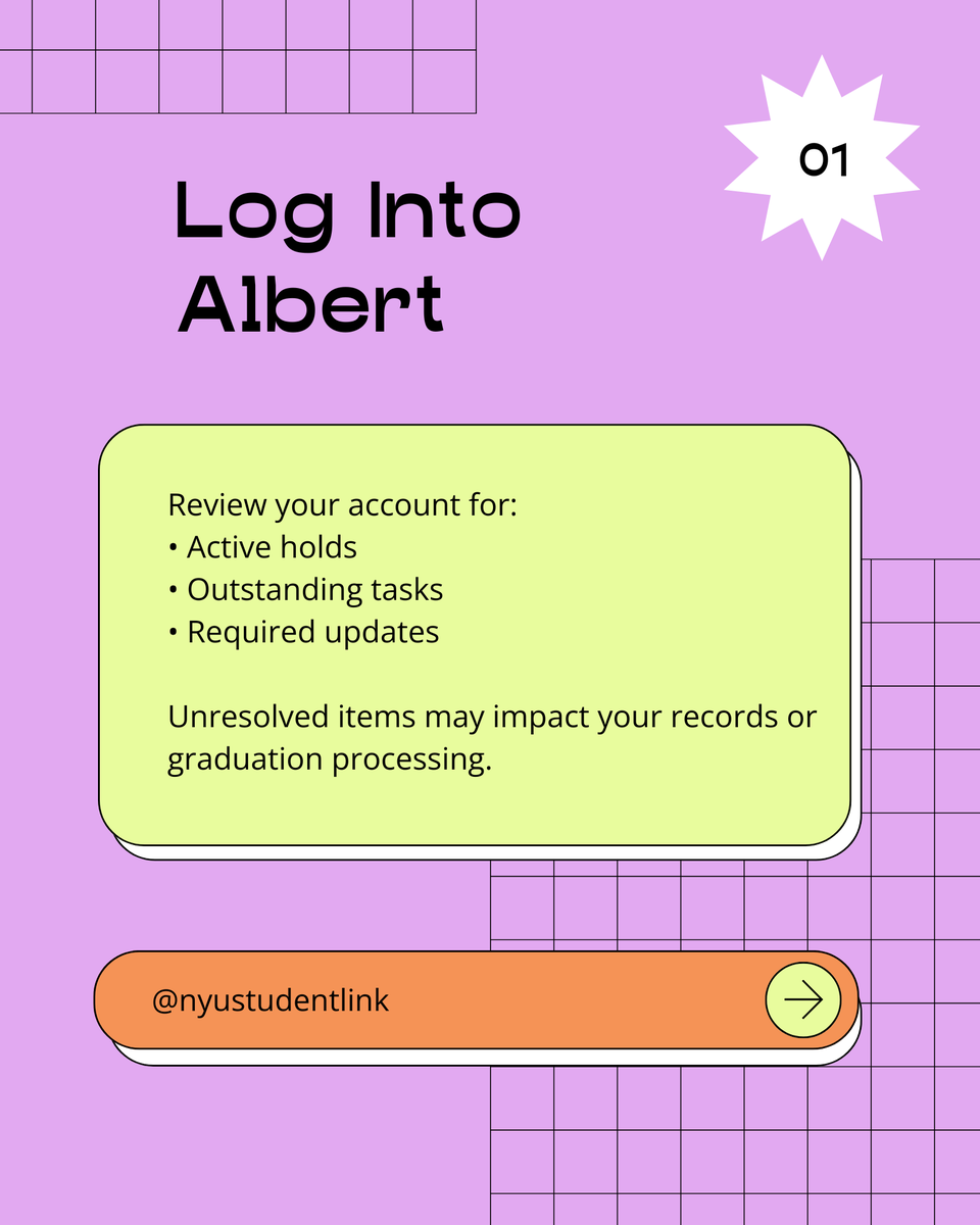 NYUStudentLink's tweet photo. Graduating soon? Log into Albert to check for holds, outstanding balances, and completed requirements.
If you received federal student loans, don’t forget to complete exit counseling.
A quick review now can prevent delays later!
#SLCHasYourBack #NYU2026 https://t.co/4vC6Iqho89