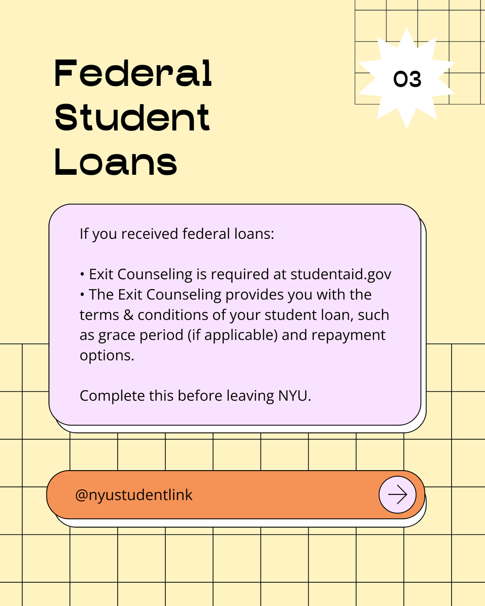 NYUStudentLink's tweet photo. Graduating soon? Log into Albert to check for holds, outstanding balances, and completed requirements.
If you received federal student loans, don’t forget to complete exit counseling.
A quick review now can prevent delays later!
#SLCHasYourBack #NYU2026 https://t.co/4vC6Iqho89