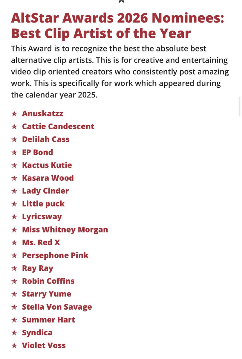 I am so excited to be nominated for the Best Clip Artist of the Year for the 2026 AltStar Awards! 

Please remember to vote for me fans! ❤️⬇️

https://t.co/DcGwoUquMf

Thank you to the @AltPornNet & @bad_dragon for having me as a 2026 nominee!
 
#vossboss #gothbarbie #AltStarAwards 
@bsgpr
