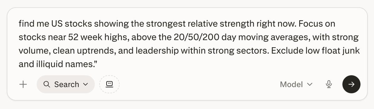 investingluc's tweet photo. 3 ways to find the strongest stocks!!

My general rule for portfolio construction is ~90% allocation in leaders (relative strength, holding highs, clean trend), and ~10% in contrarian bets (hated, under-owned, fallen out of favor).

It's way more likely that strong stocks will continue to get stronger, than for weak stocks to get strong.

3 ways to find the leaders:

1)
> go to finviz -> maps
> click themes on the left
> filter to 1 month
> see strongest theme
> click into theme to find strongest individuals names
> add to watchlist

2)
> scanner (can keep it simple)
> scan for stocks making new 52 week highs (or within ~5% of highs)
> over key moving averages
> with good volume confirming the move
> best if it's been a somewhat steady move up
> also can just use ETFs to monitor sector strength like I talked about yesterday

3)
> use a prompt (perplexity, claude, chat)
> type:
- find me US stocks showing the strongest relative strength right now. Focus on stocks near 52 week highs, above the 20/50/200 day moving averages, with strong volume, clean uptrends, and leadership within strong sectors. Exclude low float junk and illiquid names.

This is NOT a "buy at insane extended moves" though...this is about monitoring strength, seeing where money is flowing, and making a plan to join the trend.