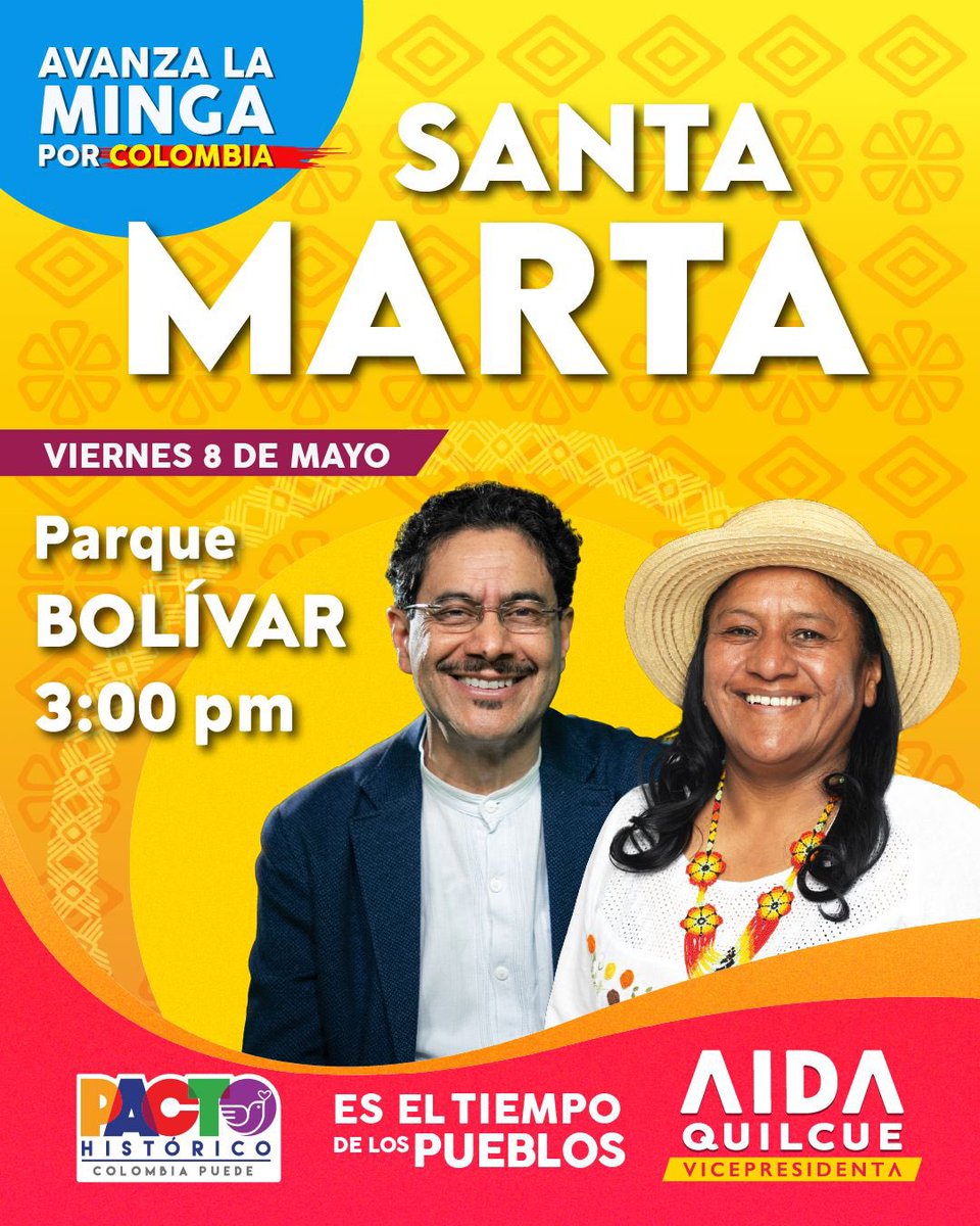 Nos vemos hoy en Santa Marta 💛💙❤️

Avanza la minga por la vida, la paz y la dignidad con: 

IVÁN CEPEDA PRESIDENTE 🇨🇴
AIDA QUILCUE VICEPRESIDENTA 🇨🇴