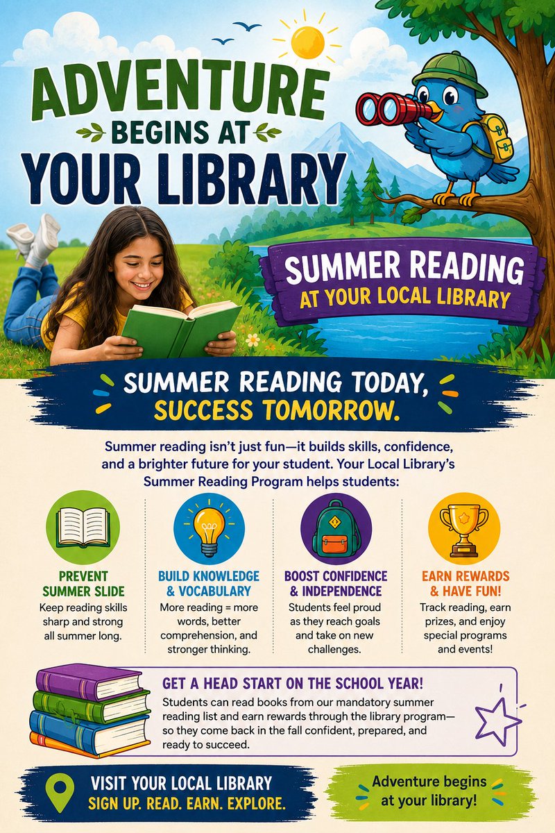 pprepschool's tweet photo. 📚 Summer reading = stronger start in the fall.
✅out your local library’s summer reading program—earn rewards while reading books from our summer reading list. ✅ Read. Earn. Grow. 🚀
#SummerReading #STEMEducation #StudentSuccess #LiteracyMatters #BackToSchoolReady #ParentTips https://t.co/cKDETkl8Ld