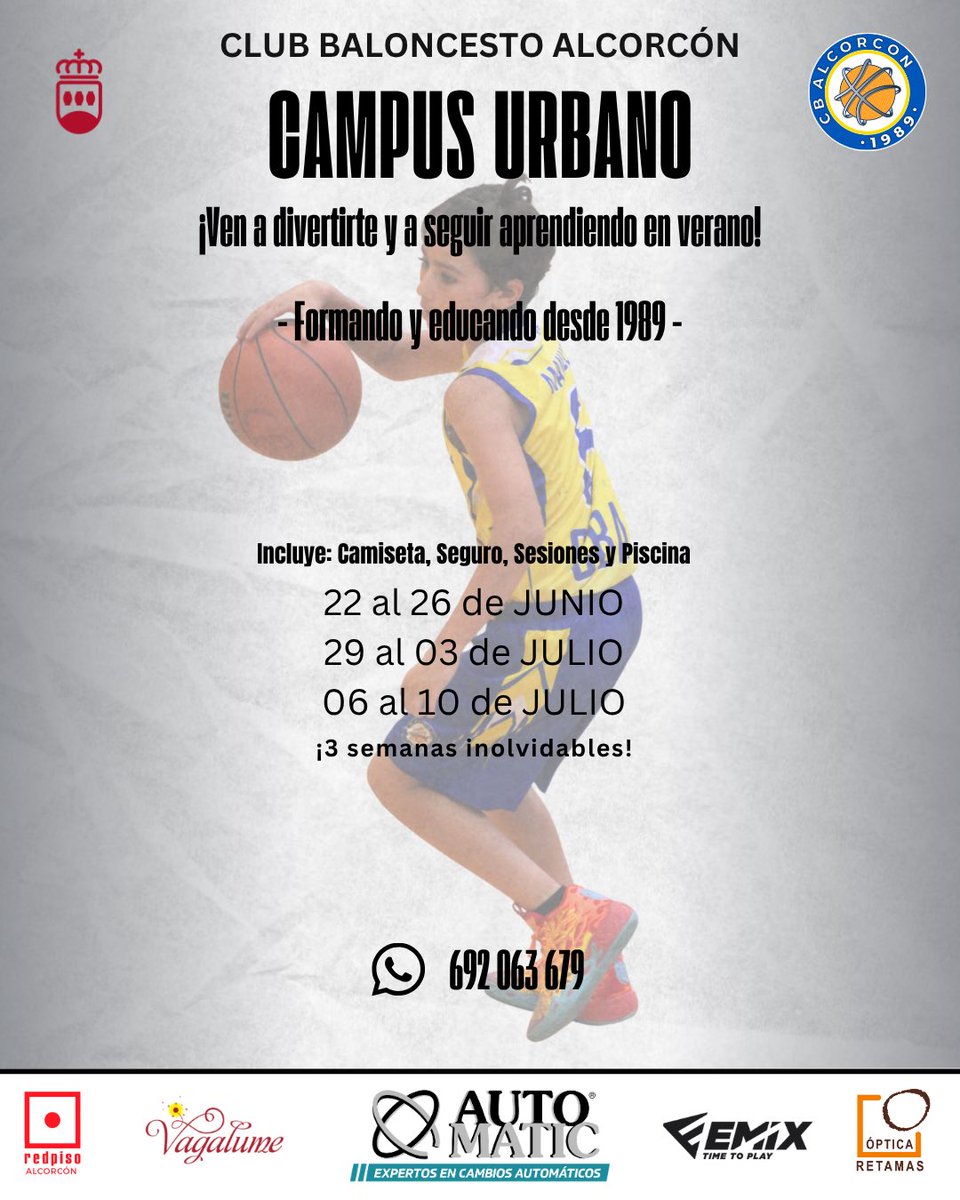 cbalcorcon's tweet photo. 🏀 ¡Este verano se vive en la pista del CB Alcorcón! ☀️

Oportunidad perfecta para seguir aprendiendo, hacer amigos y disfrutar del baloncesto durante las vacaciones.

✅ Entrenamientos, Piscina, Camiseta y Seguro

ℹ️: 692 063 679

#CampusUrbano #Verano2026 #SomosCBA #Desde1989 https://t.co/1AB6QzaT1f