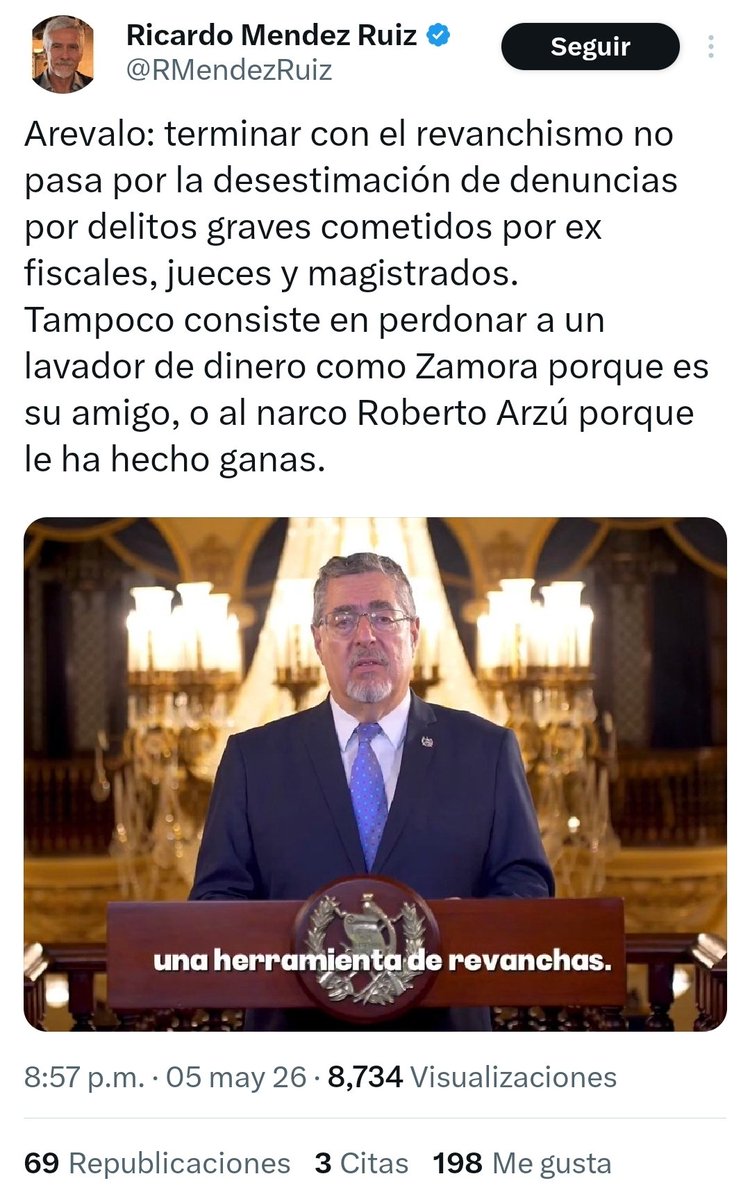 Lo que espero, <a href="/RMendezRuiz/">Ricardo Mendez Ruiz</a>, es que se habrán investigaciones sobre todo aquel sedicioso que conspiró para darle golpe de Estado a <a href="/BArevalodeLeon/">Bernardo Arévalo</a> y que todo el rigor de la ley se aplique en todos ellos. Castigo ejemplar para todo aquel que intente romper el orden constitucional.
