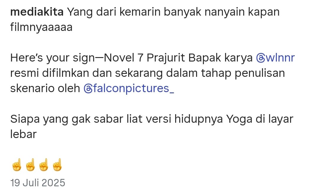 abiyyukesna_'s tweet photo. Ternyata film "7 Prajurit Bapak" ini merupakan adaptasi novel karya Wulan Nuramalia.

Keren sekali PAUL ARO @nypaularo bisa jadi bagian film tersebut. Bila dilihat tanggal draft naskah skenarionya sudah mulai dari Juni 2025.

Apapun itu semoga dilancarkan semuanya! https://t.co/2QTjAagPWh