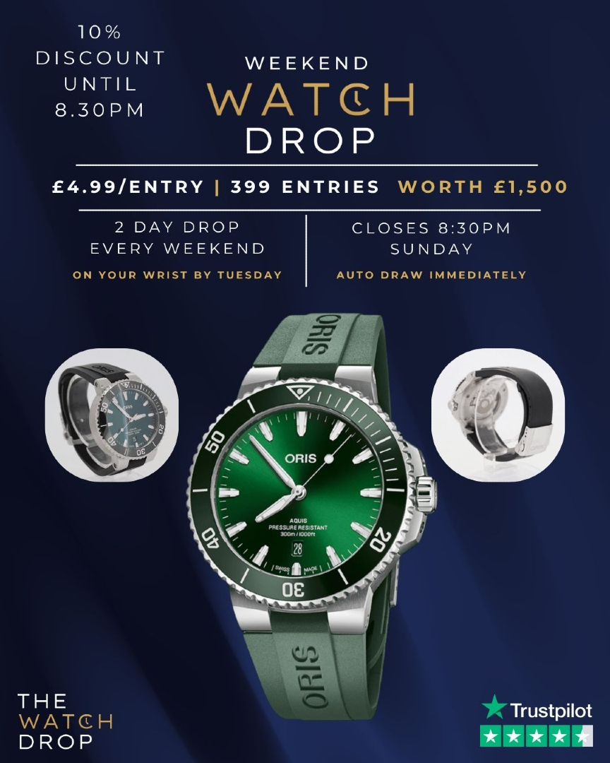 RealWatchDrop's tweet photo. 🔥 2 DAYS ONLY 🔥

WIN this stunning Oris Aquis Date worth £1,500 ⌚️💚

A bold everyday dive watch featuring a striking green sunburst dial, sporty rubber strap, and signature Swiss craftsmanship. Built to perform, designed to stand out.

✨ Swiss automatic movement
✨ Sapphire crystal
✨ 300m water resistance
✨ Stainless steel case & bezel
✨ Full set: box & papers included
✨ Includes 2-Year Watch Drop Warranty

⏰ Auto draw at 8:30PM - winner notified instantly.

Don’t miss your chance to get this beauty on your wrist. #Oris #OrisAquis #WatchDrop #LuxuryWatch #SwissWatch #WatchGiveaway #DiveWatch #WatchCollector
