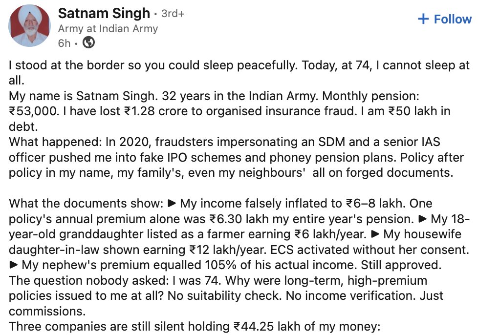 Retired Army officer claims that he has been mis-sold (read, defrauded) insurance policies worth ₹1.28 crores.

There's a separate place in hell for people who mis-sell financial products to gullible people.

High upfront commissions of up to 65-70% of first-year commissions are