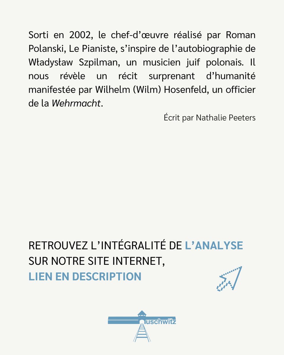 Auschwitz_be's tweet photo. Nouveau texte d'Éducation permanente, écrit par Nathalie Peeters, à lire ou à télécharger sur notre site web : => https://t.co/p6EDLJhQGK
Sorti en 2002, le chef-d’œuvre réalisé par Roman Polanski, Le Pianiste, s’inspire de l’autobiographie de Władysław Szpilman, un musicien juif polonais.
Il nous révèle un récit surprenant d’humanité manifestée par Wilhelm (Wilm) Hosenfeld, un officier de la Wehrmacht.