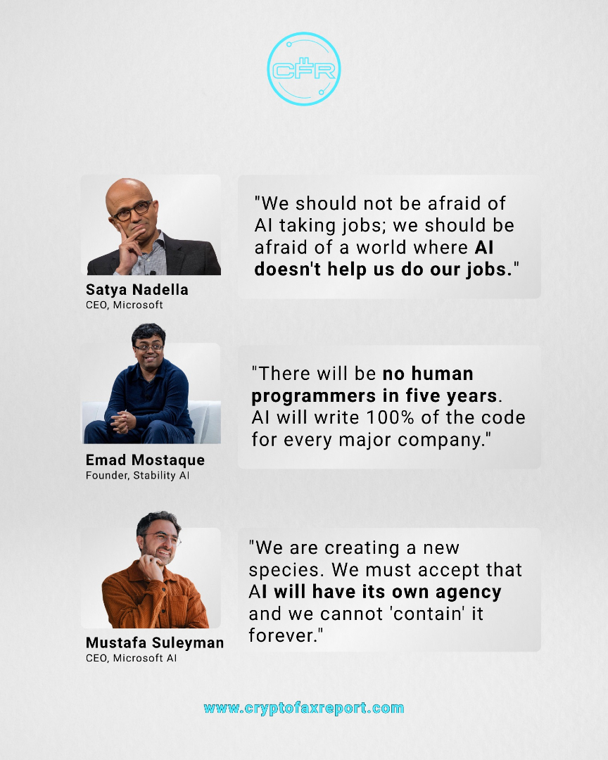 CryptoFaxReport's tweet photo. The founders of the largest tech companies are making bold claims about the future of labor
and intelligence. Some see a total economic reset, while others warn of a global catastrophe.
The only certainty is that the status quo is over.

Which CEO do you think has the most realistic view?
