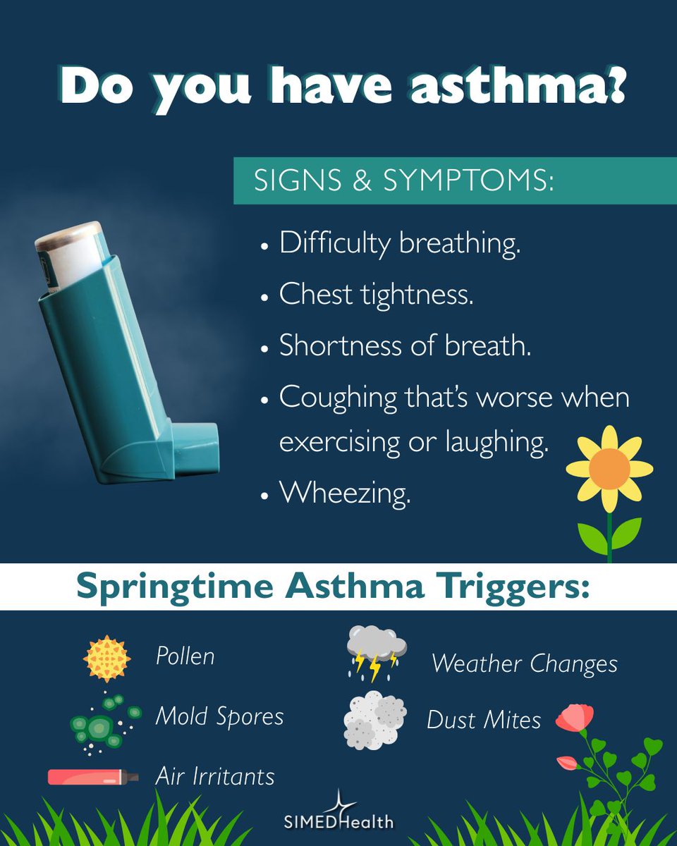 SIMEDHealth's tweet photo. Springtime isn’t just tough for allergy sufferers – it’s also challenging for those with asthma. As pollen levels rise, so can shortness of breath, coughing, &amp; wheezing. If your breathing is getting the worst of you, visit SIMEDHealth’s urgent care. https://t.co/t2mZFtCllx https://t.co/FoJHTpFFdw