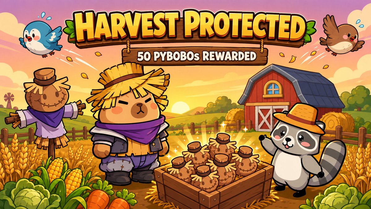 Harvest Protected!

The birds are gone, and the Capybobo farm is safe again.
Thank you to every PYBOBO who helped drive the birds away and protect the harvest!

🏆 Check 50 winner list , rewards are now being distributed: docs.google.com/spreadsheets/d…

Great work, PYBOBOs!
