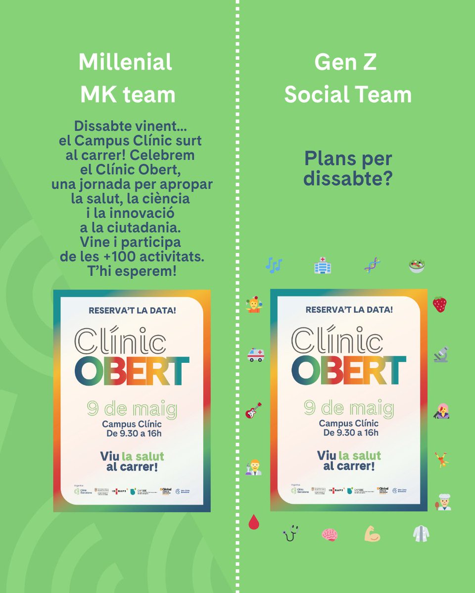 hospitalclinic's tweet photo. Boomers, generació X, millenials, zentenials... volem que tots vingueu demà al #ClinicObert i ens afegirem al #trend que faci falta 🙃

👉 https://t.co/3E9Sxdp5SB https://t.co/evC15ZQDir
