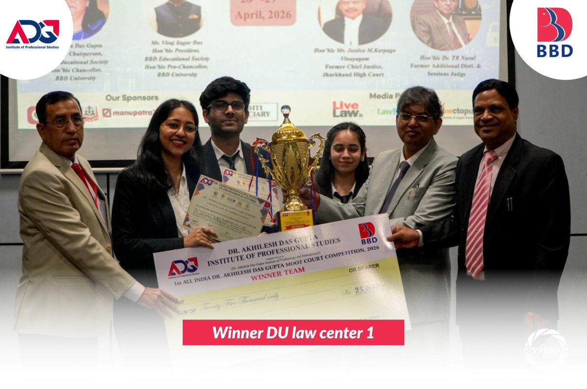 CleAdgitm's tweet photo. From intense arguments to a remarkable victory — the champions of the 1st All India ADGMCC 2026 have set the benchmark for excellence in advocacy.
Their brilliance on the issue of Deepfake Technology &amp; Cyber Crime truly stood out.

#ADGMCC2026 #MootCourt #LawStudents #Winners https://t.co/O85SraiWXH