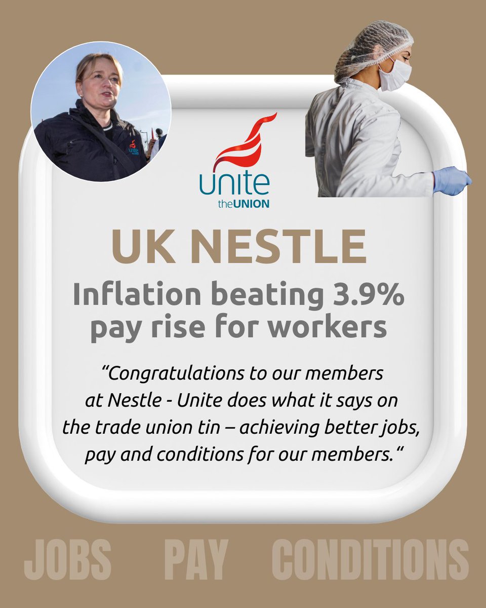 UniteSharon's tweet photo. UNITE WIN | Nestle UK 🍫

3.9% Pay rise 

This deal was achieved because Nestle workers are in a strong union and benefit from collective bargaining. #JobsPayConditions #Pay 1/2 https://t.co/tRr0qX8CSL