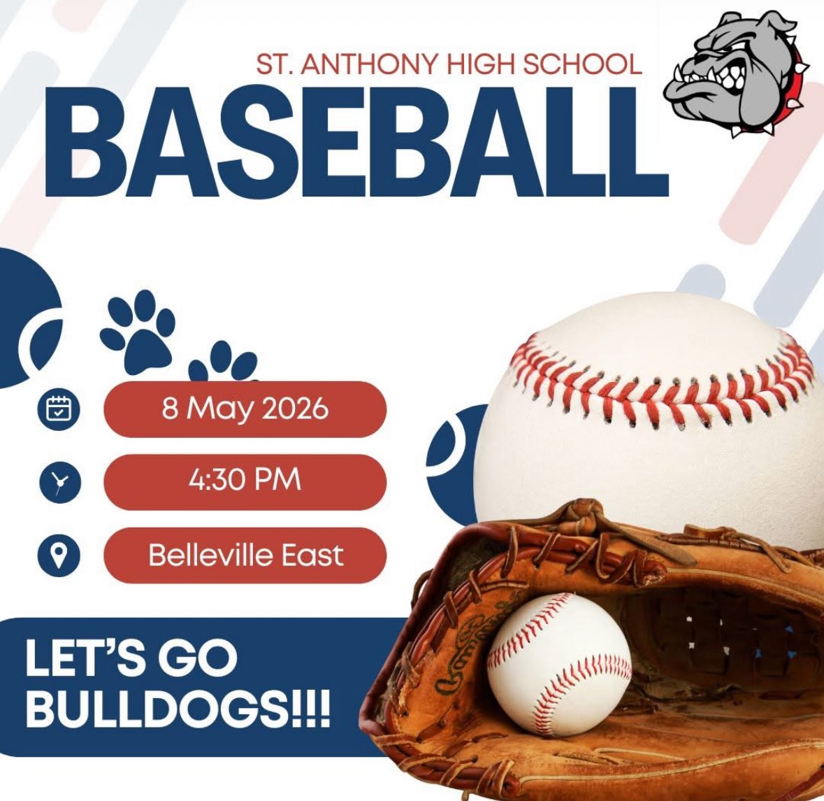 StAnthonyBsbl's tweet photo. TODAY:

🆚 Belleville Township East HS
⏰ 4:30 pm
🏟️ Belleville, IL
SP: Xander Beals

#AllBite #GoBulldogs https://t.co/qnYjESBcMS