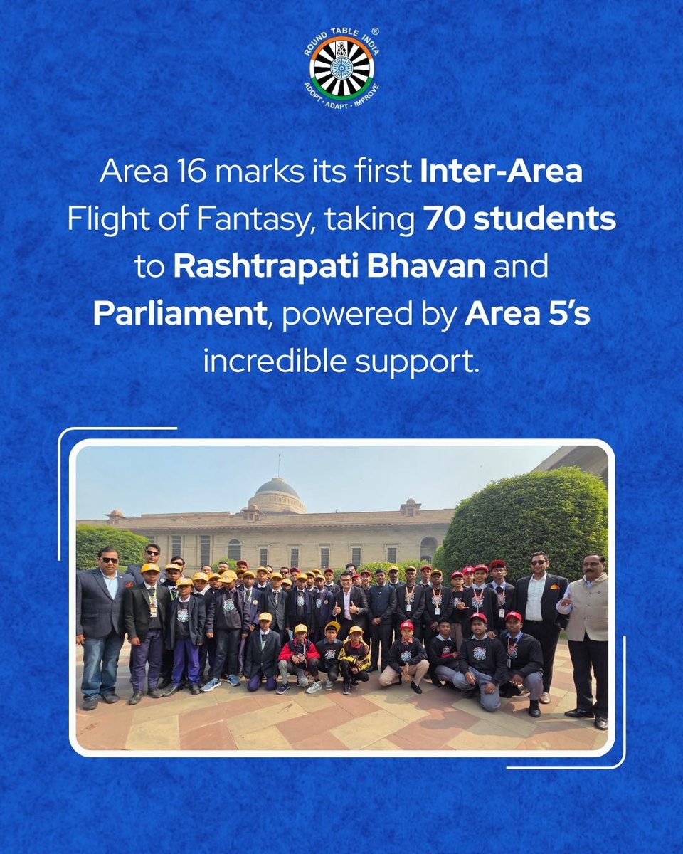 roundtableindia's tweet photo. Area 16 proudly executed its first Inter‑Area Flight of Fantasy, taking 70 underprivileged students and teachers to Rashtrapati Bhavan and Parliament. With incredible support and hospitality from Area 5, this journey became more than a trip, it became inspiration in motion.

​#FlightOfFantasy #RoundTableIndia #Area16 #Area5 #RashtrapatiBhavan #IndianParliament #CommunityService #EducationalTravel #EmpoweringYouth #SocialImpactIndia #InspirationInMotion #ServiceAboveSelf #NGOIndia #YouthDevelopment #Leadership